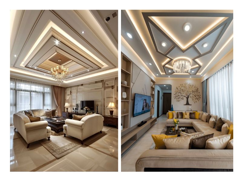 Trần thạch cao giật cấp đa tầng theo khối hình chữ nhật đồng tâm, mang phong cách cổ điển, sang trọng cho phòng khách