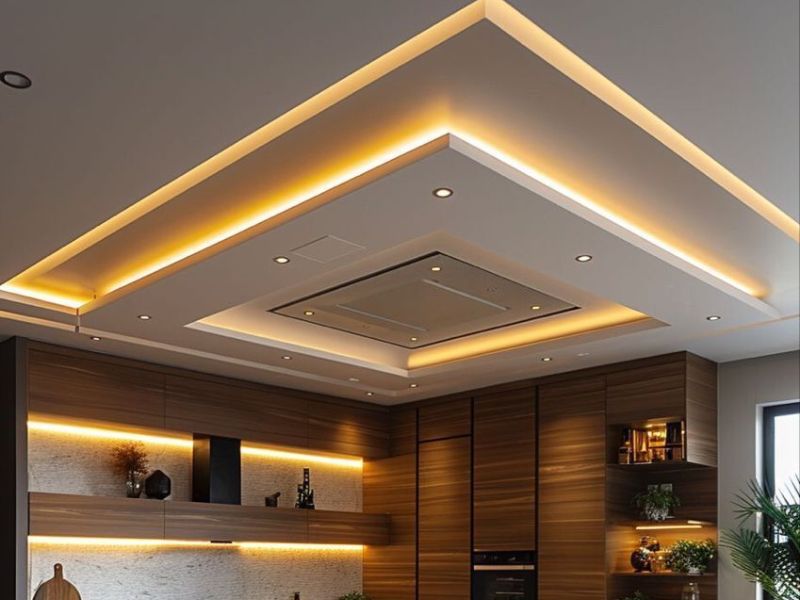 Trần thạch cao phòng bếp giật cấp hiện đại, tích hợp khéo léo điều hòa âm trần.