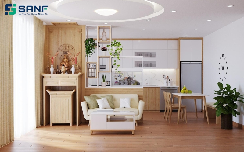 vách ngăn kết hợp kệ trang trí