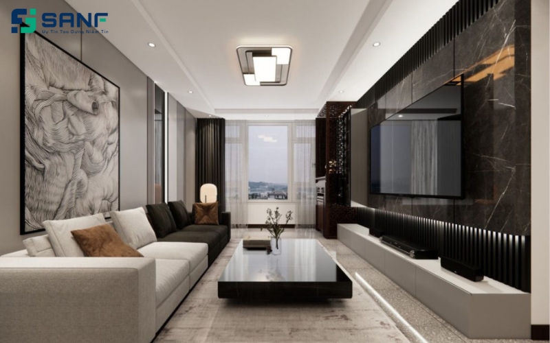 mẫu vách sofa nano xám và tranh treo tường lớn