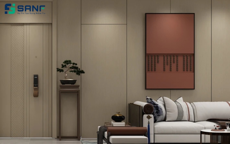 ốp vách sofa bằng tấm than tre kết hợp tranh