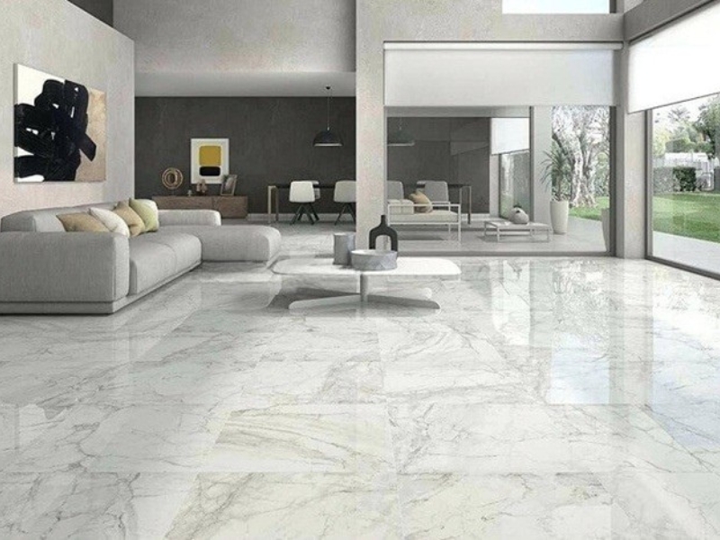 phòng khách sử dụng sàn nhựa vân đá hoa văn xám 