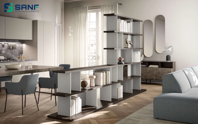 vách bàn ăn có kệ để đồ