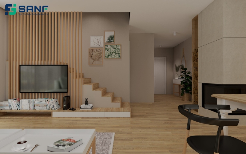 vách cầu thang gắn tivi