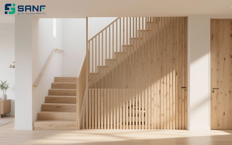 vách cầu thang bằng gỗ