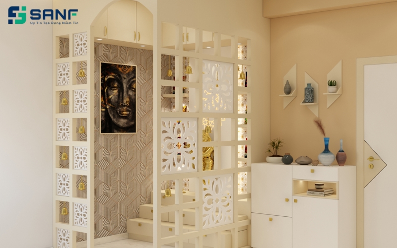 vách phòng thờ và khách kết hợp kệ màu trắng