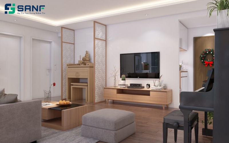 vách phòng thờ màu be kết hợp chất liệu vải