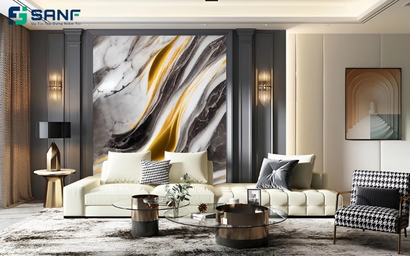 vách sau sofa có hoa văn độc đáo