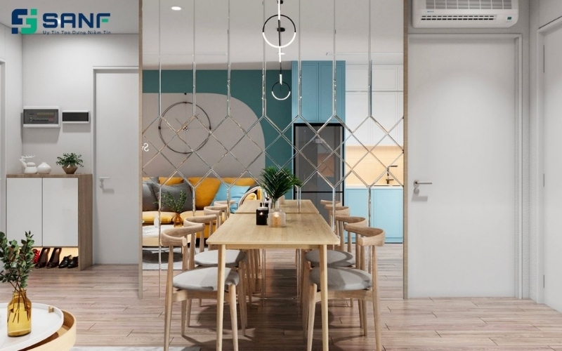 vách ngăn khung sắt kết hợp gương hiện đại