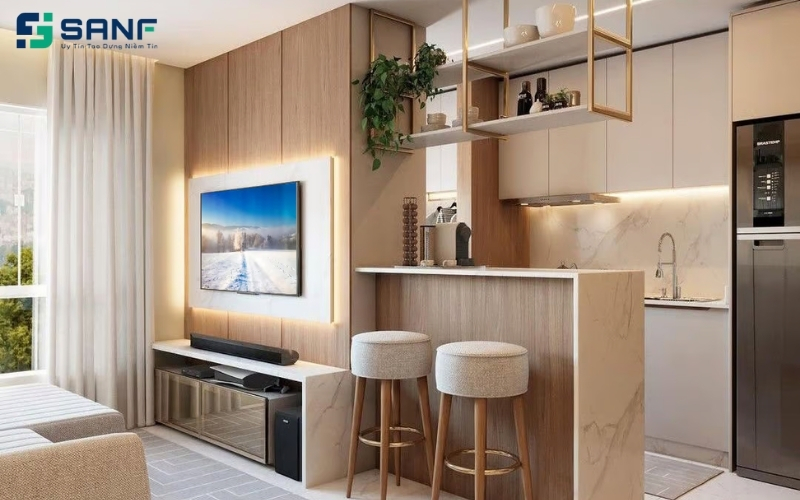 vách ngăn phòng khách kết hợp kệ tivi cùng đèn led