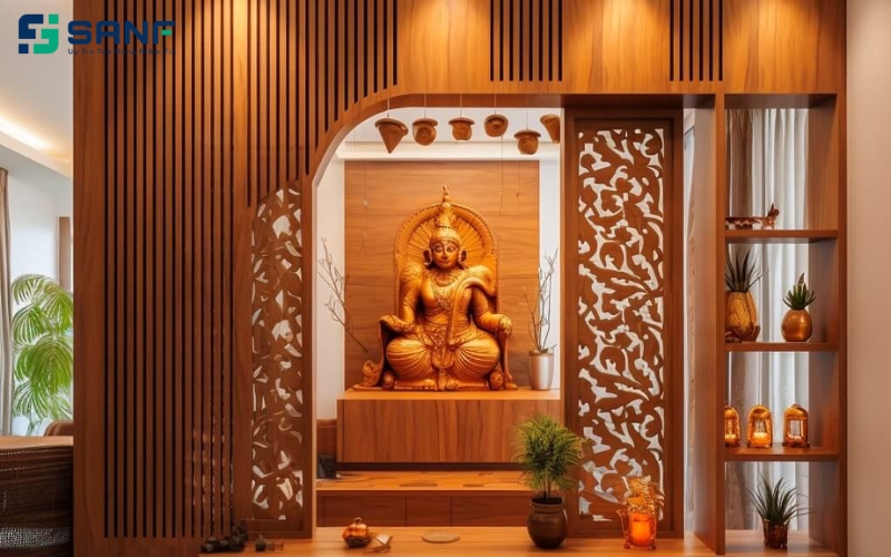vách ngăn phòng thờ gỗ công nghiệp