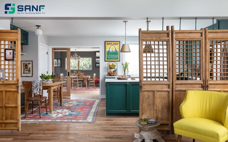 vách ngăn phòng bếp phong cách vintage