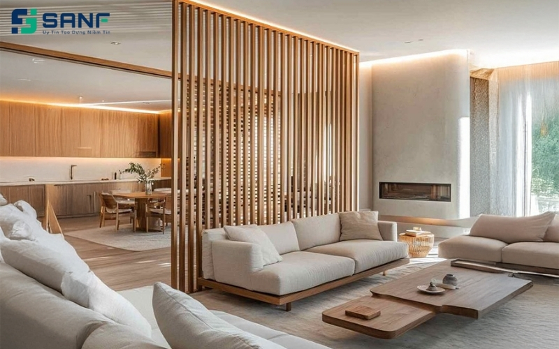 vách ngăn phòng khách và bếp bằng gỗ sang trọng