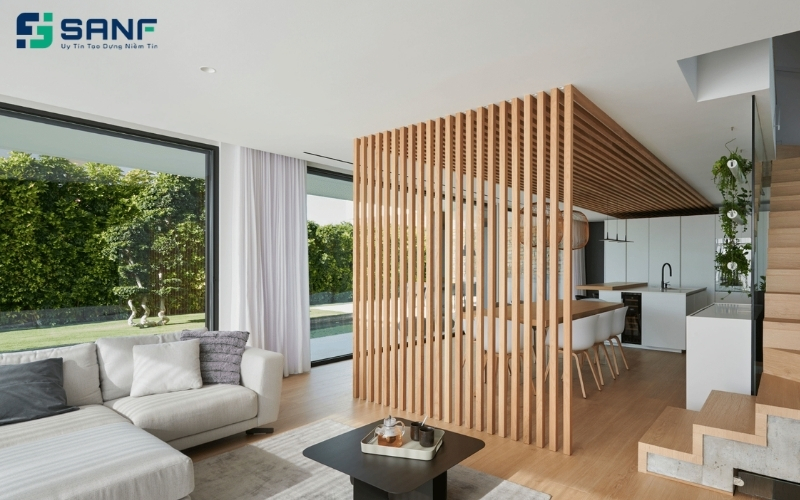 vách ngăn phòng bếp và khách màu be hiện đại