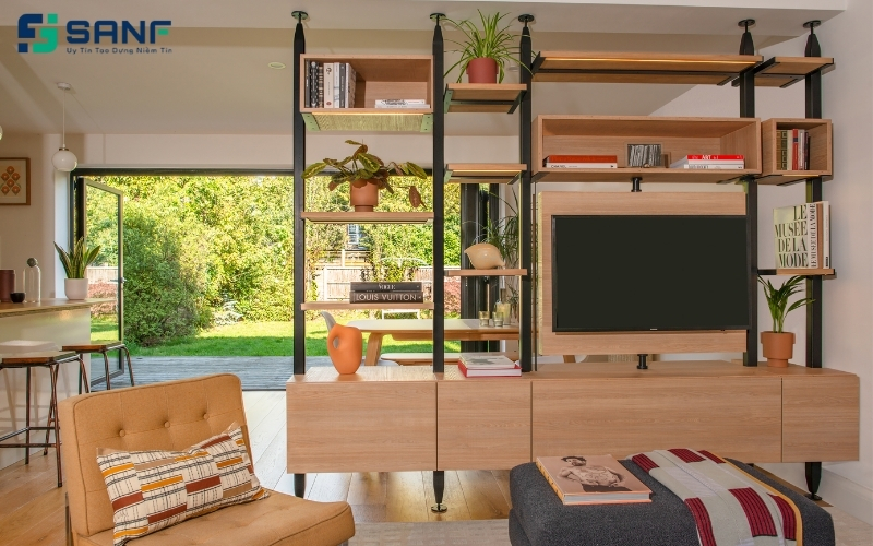 vách ngăn phòng khách trang trí bằng kệ sách
