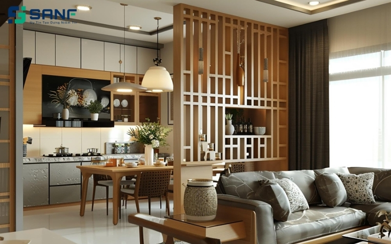 vách ngăn phòng bếp và khách bằng gỗ MDF