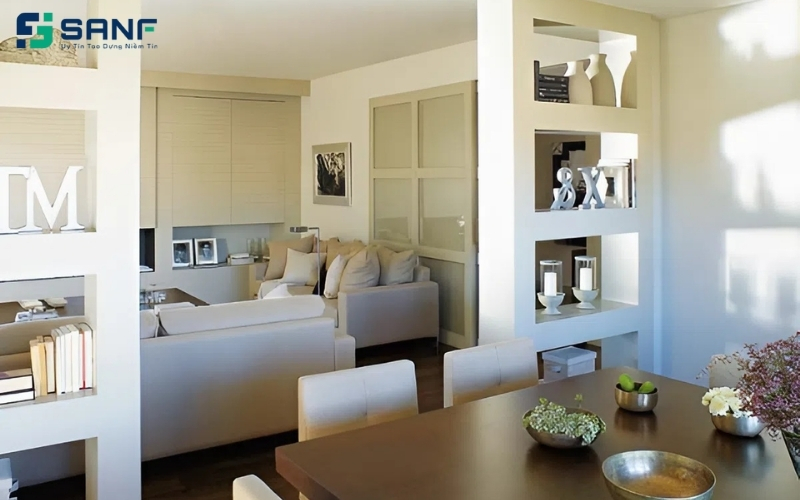 vách trang trí phòng khách và bếp bằng thạch cao