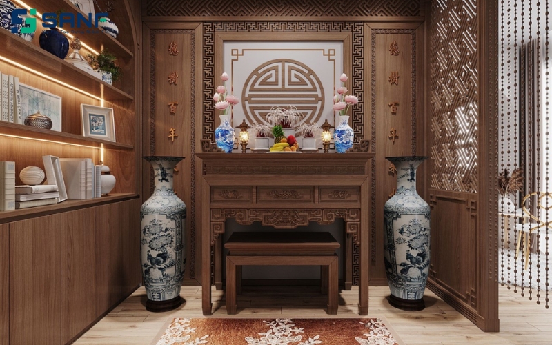 vách ngăn gỗ kết hợp rèm hạt