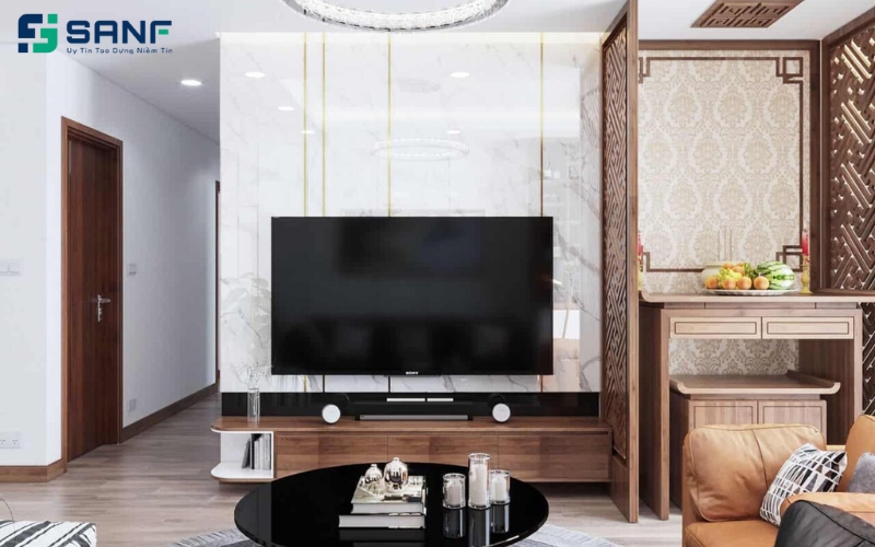 vách ngăn bàn thờ cạnh tivi phòng khách
