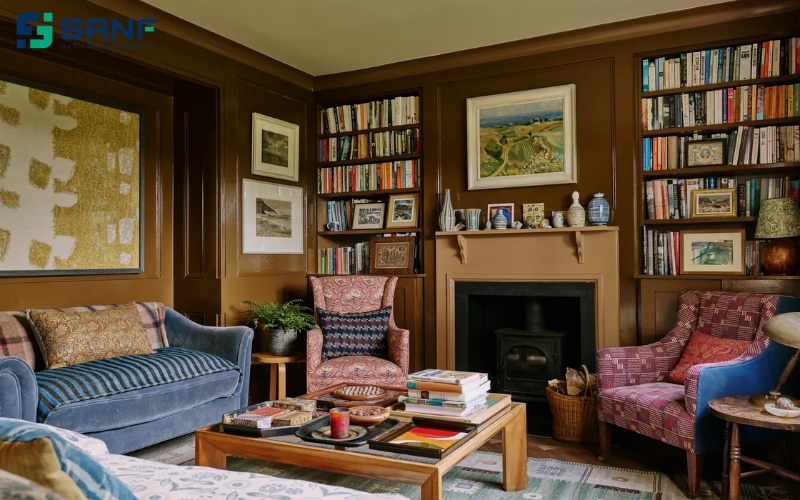 vách sau sofa bằng gỗ mộc mạc