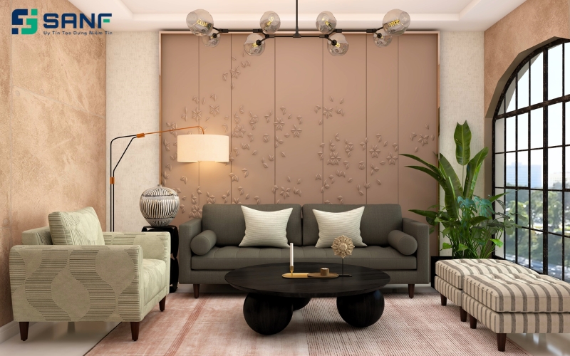 vách sau sofa họa tiết cổ điển