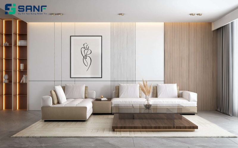 mẫu vách sofa lam sóng màu be thanh lịch