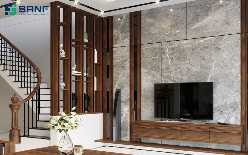 vách ngăn tam cấp kết hợp kệ để đồ