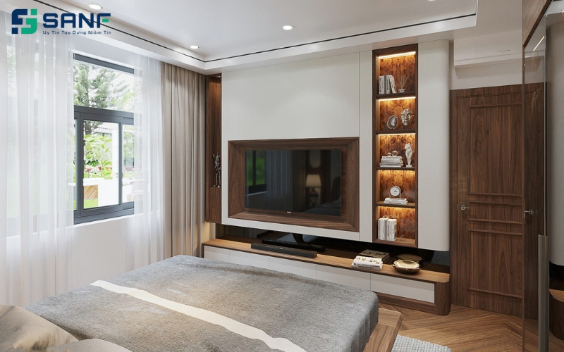 vách tivi phòng ngủ gỗ tự nhiên