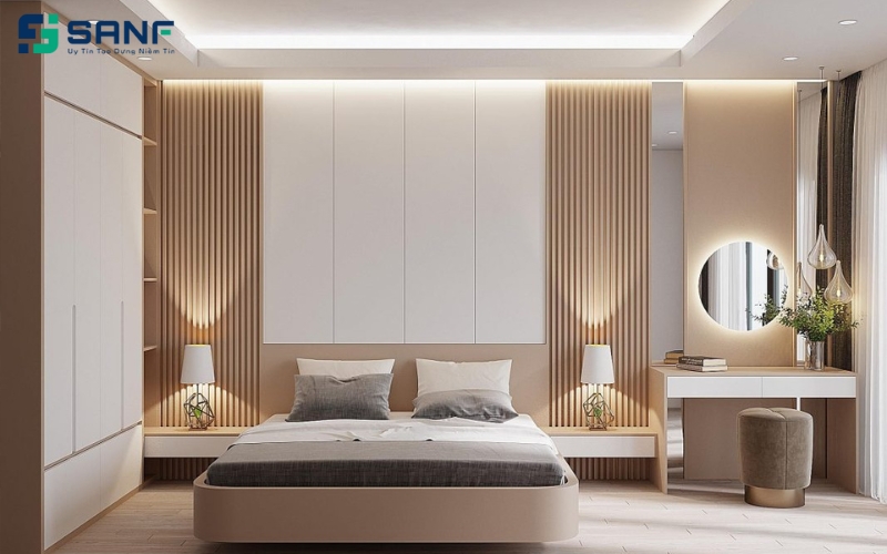vách đầu giường kết hợp nhiều vật liệu