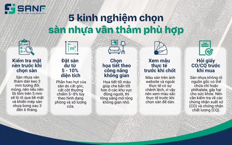 5 Kinh nghiệm chọn sàn nhựa vân thảm phù hợp