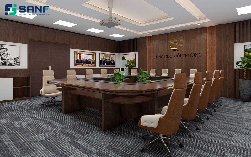 Sàn nhựa vân thảm giúp phòng họp yên tĩnh, chuyên nghiệp và hạn chế tiếng ồn khi di chuyển