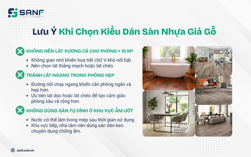 Infographic 3 lỗi cần tránh khi chọn kiểu dán sàn nhựa giả gỗ cho phòng nhỏ phòng hẹp và khu vực ẩm ướt