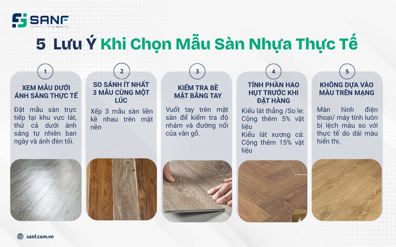 Infographic 5 lưu ý khi chọn mẫu sàn nhựa thực tế từ xem mẫu dưới ánh sáng thật đến tính phần hao hụt