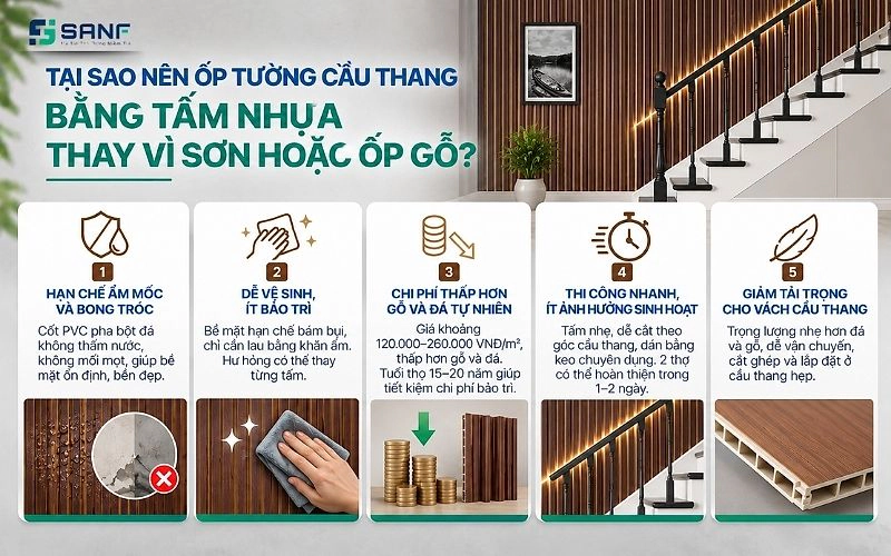 Infographic 5 lý do nên ốp tường cầu thang bằng tấm nhựa gồm hạn chế ẩm mốc dễ vệ sinh chi phí thấp thi công nhanh và giảm tải trọng