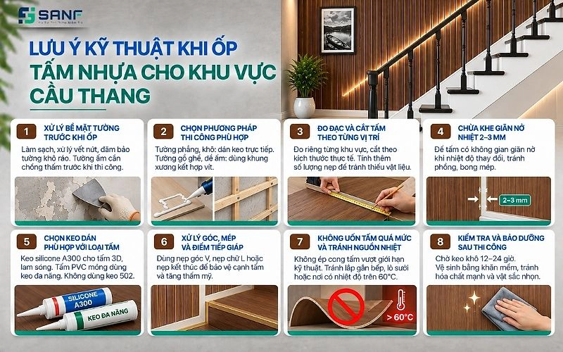 Infographic 8 lưu ý kỹ thuật khi ốp tấm nhựa cho khu vực cầu thang từ xử lý bề mặt tường đến kiểm tra và bảo dưỡng