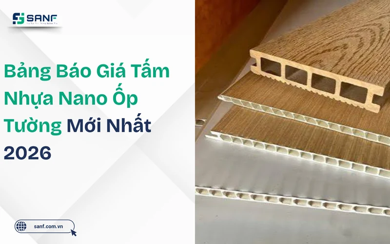 Các tấm nhựa nano ốp tường vân gỗ cốt rỗng xếp chồng lên nhau kèm tiêu đề bảng báo giá mới nhất 2026