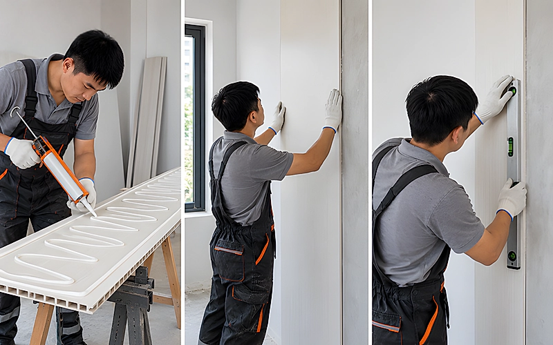 Thợ bôi keo theo đường zích zắc lên mặt sau tấm nano rồi dùng thước thủy căn thẳng tấm đầu tiên trên tường