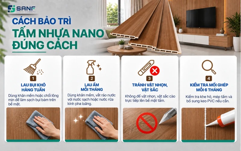 Infographic cách bảo trì tấm nhựa nano gồm lau bụi khô hằng tuần lau ẩm mỗi tháng tránh vật nhọn và kiểm tra mối ghép mỗi 6 tháng
