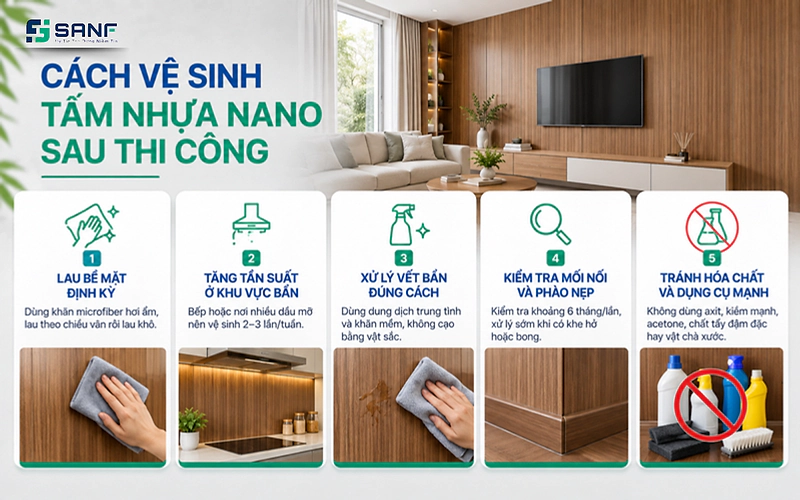 Infographic năm bước vệ sinh tấm nhựa nano sau thi công gồm lau bề mặt định kỳ xử lý vết bẩn kiểm tra mối nối và tránh hóa chất mạnh