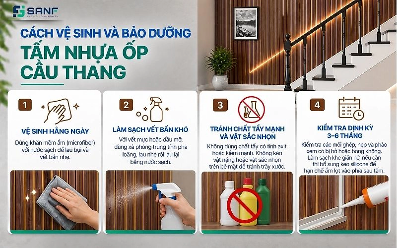 Infographic 4 bước vệ sinh và bảo dưỡng tấm nhựa ốp cầu thang gồm vệ sinh hằng ngày làm sạch vết bẩn tránh chất tẩy mạnh và kiểm tra định kỳ