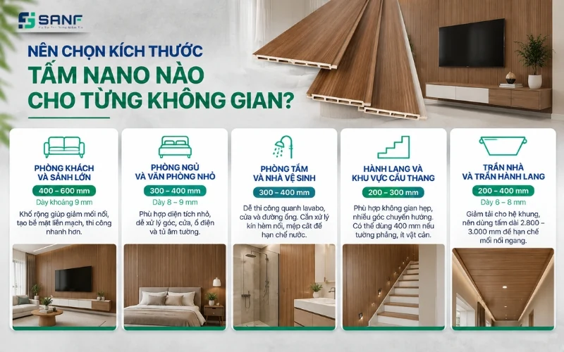 Infographic chọn kích thước tấm nano cho phòng khách phòng ngủ phòng tắm hành lang và trần nhà kèm khổ rộng và độ dày