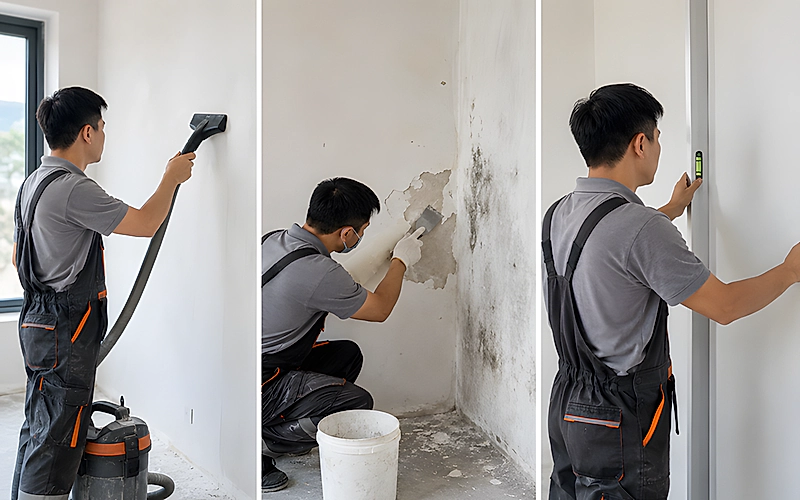 Thợ hút bụi trên tường rồi cạo mảng sơn bong tróc và dùng thước thủy kiểm tra độ thẳng của tường
