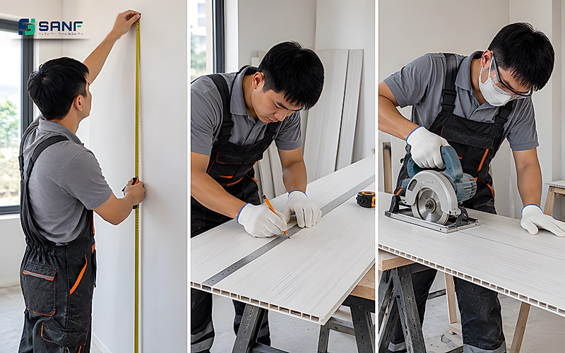 Thợ đo chiều cao tường bằng thước dây rồi đánh dấu và cắt tấm nano bằng máy cắt cầm tay