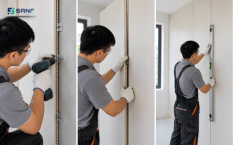 Thợ khoan bắt vít cố định ke vào tường rồi ghép các tấm nano và kiểm tra độ thẳng bằng thước thủy