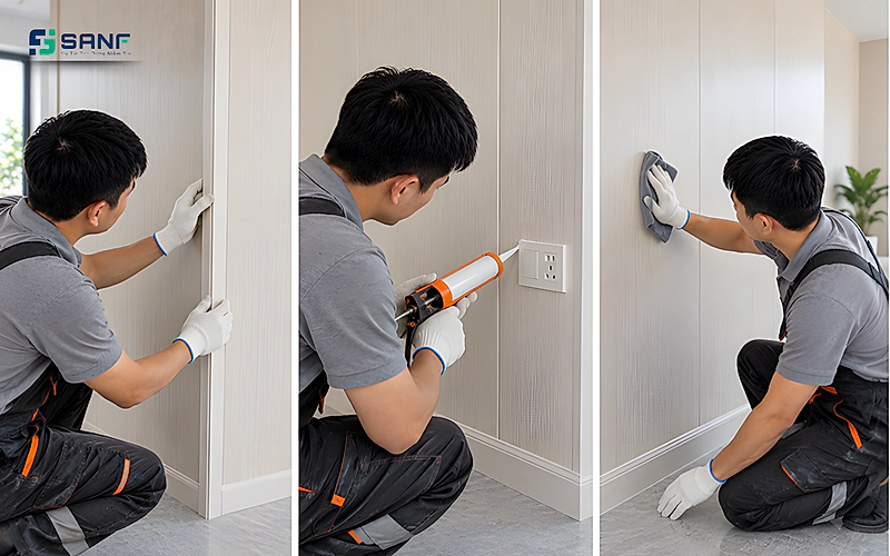 Thợ lắp nẹp viền rồi bơm keo silicone vào khe nối cạnh ổ điện và lau vệ sinh bề mặt tấm nano