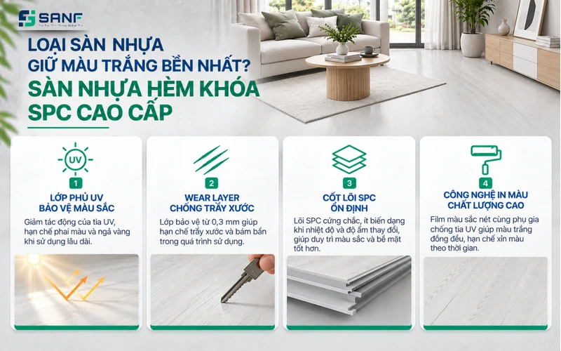 Infographic sàn nhựa hèm khóa SPC cao cấp giữ màu trắng bền nhất với lớp phủ UV lớp Wear Layer và cốt lõi SPC ổn định