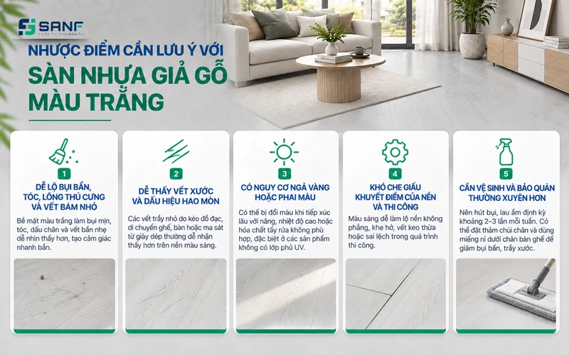 Infographic 5 nhược điểm cần lưu ý với sàn nhựa giả gỗ màu trắng như dễ lộ bụi bẩn và vết xước