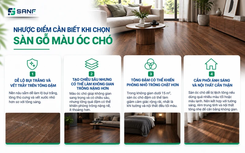 Infographic 4 nhược điểm cần biết khi chọn sàn màu óc chó như dễ lộ bụi trắng và khiến phòng nhỏ chật hơn