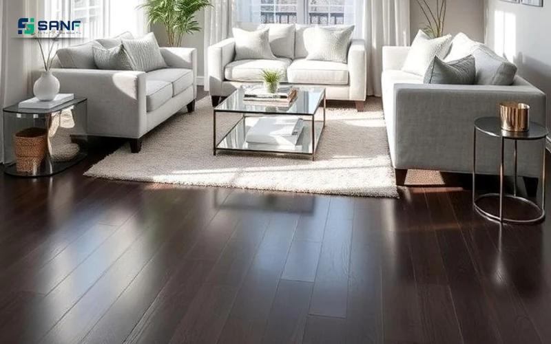 Phòng khách sàn nhựa vân óc chó nâu đậm tương phản với sofa xám nhạt tường trắng và thảm lông trắng
