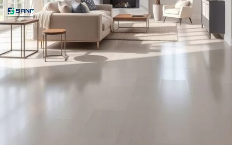 Phòng khách hiện đại lát sàn trắng xám bóng phản chiếu nắng cạnh sofa be và bàn trà gỗ